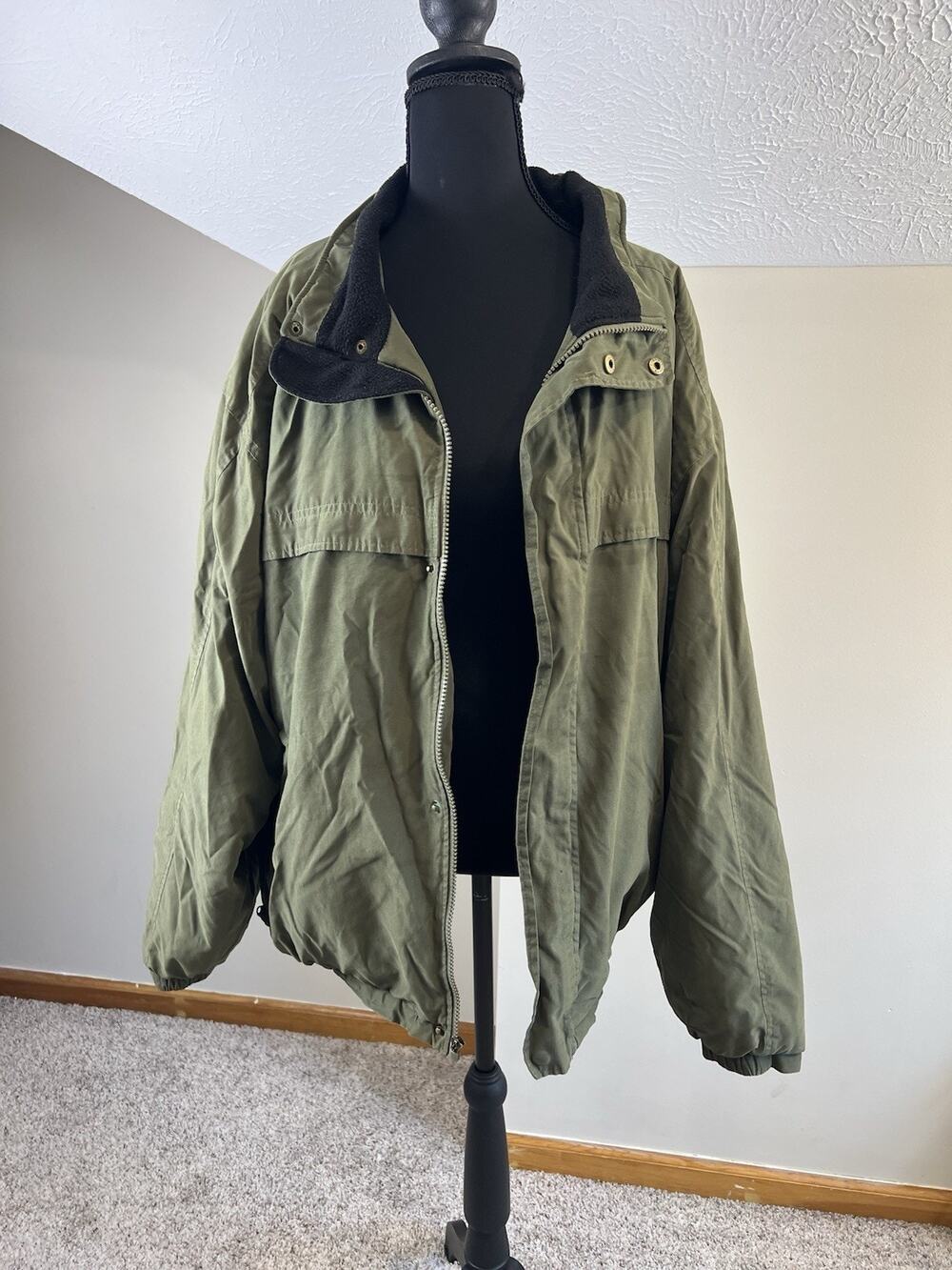 St John's Bay Utility Bomber Jacket Workwear Olive Green Fleece Lined Men's XL